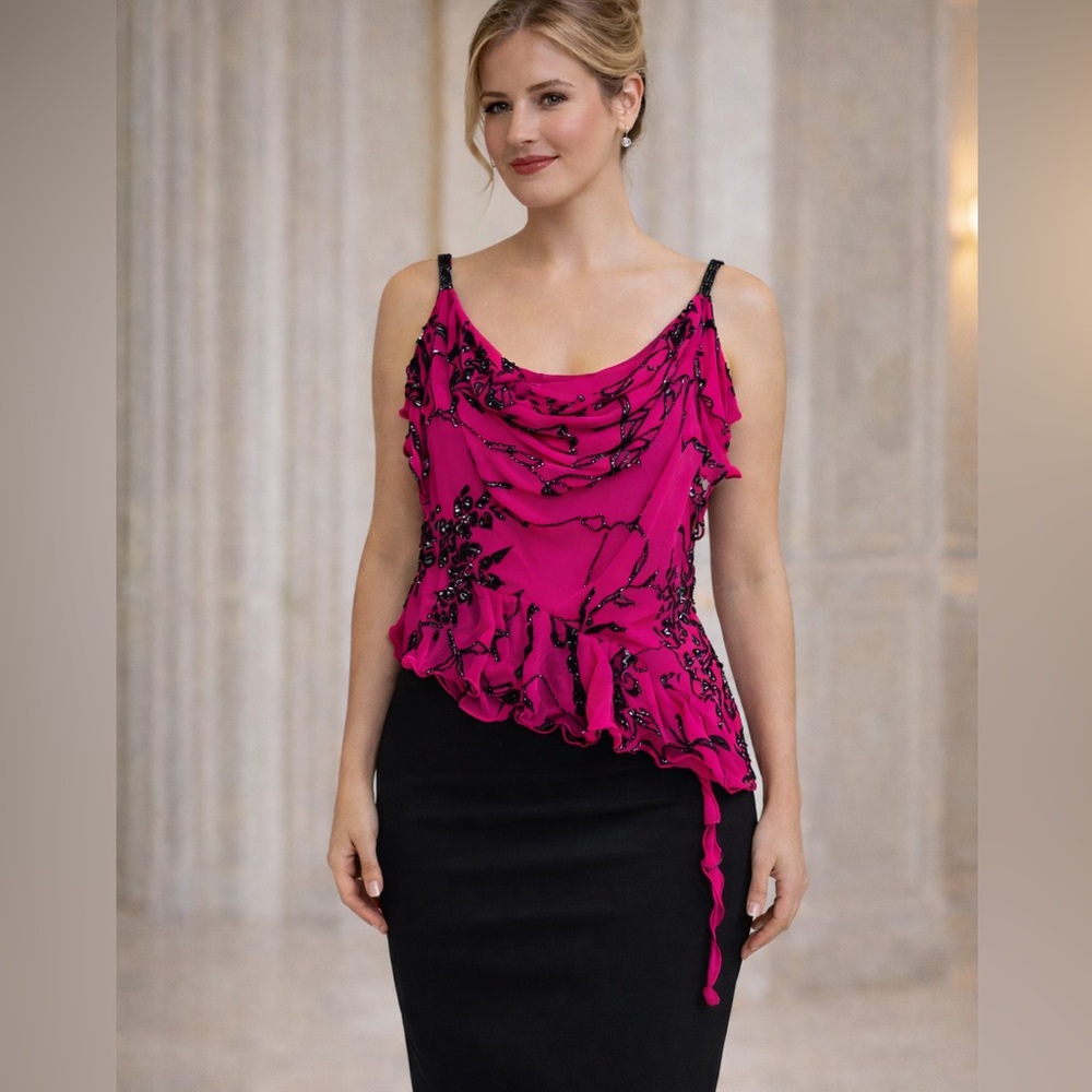 Stunning Cache Magenta and Black Beaded Ruffle Top